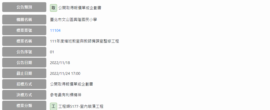 招標標案資料示意圖